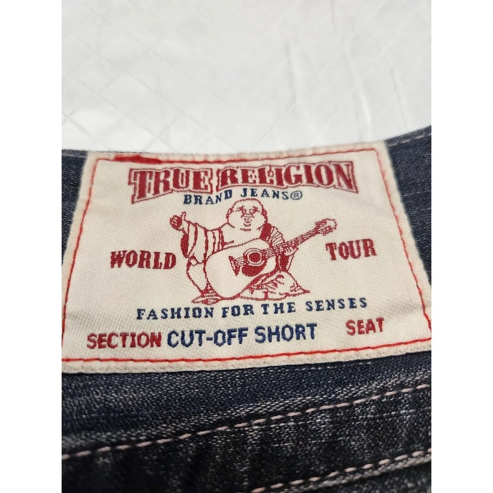 True Religion Denim Shorts Mens 44 Blue Cut Off Straight Flap Distressed Bermuda